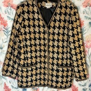 Vintage Women's Houndstooth Jacket - Black and Gold